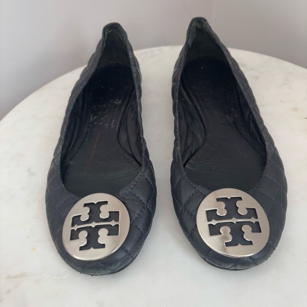 Tory Burch Black Quinn Quilted Round Toe Leather Ballet Flats Size 8